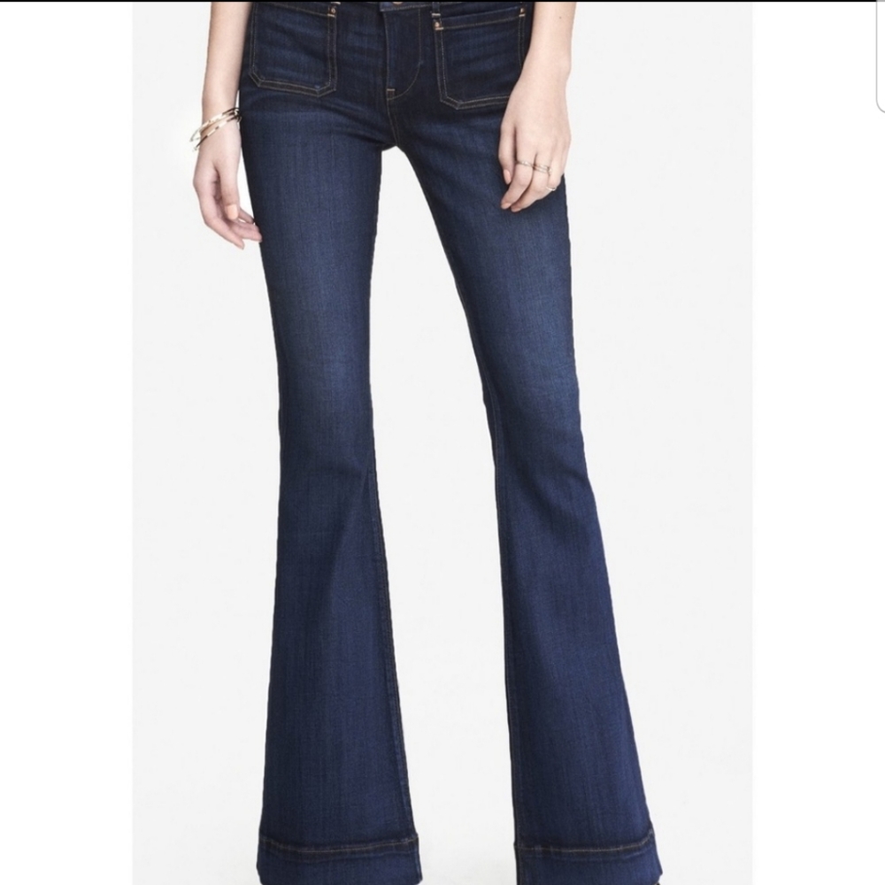 Express Jeans Mid Rise Bell Flare Patch Pockets Distressed